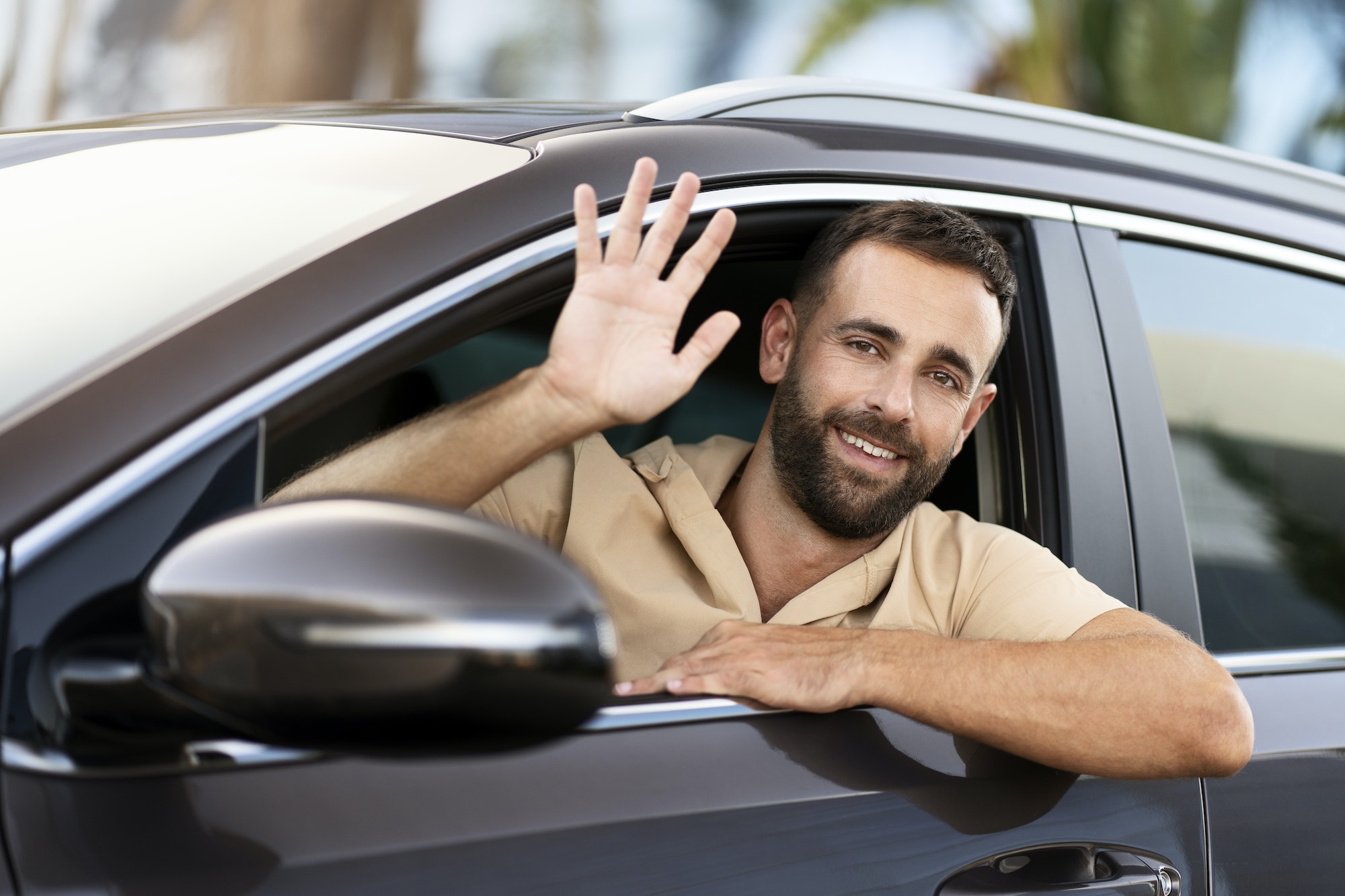 Taxi Driver Waving Hand Waiting For Client Sitting In Car Transportation Concept